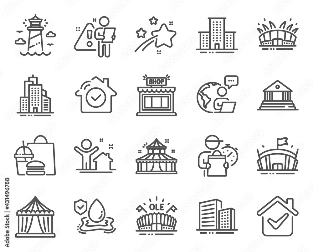 Buildings icons set. Included icon as Lighthouse, Court building, Arena stadium signs. House security, Skyscraper buildings, Circus tent symbols. Buildings, Circus, Arena. New house, Shop. Vector