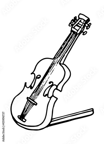 Isolated violin on white background. Cartoon hand drawn sketch black ink stroke style vector illustration.