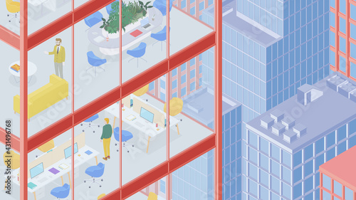 View of the office building and the city. Isometric cityscape, city view, city skyline. Vector illustration in flat design. People at work. 