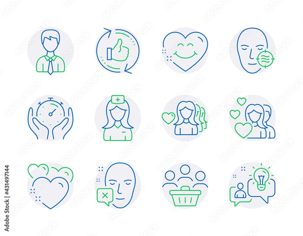 People icons set. Included icon as Heart, Businessman, Timer signs. Buyers, Woman love, Hospital nurse symbols. Couple, Problem skin, Face declined. Smile face, Refresh like, Idea. Vector People icons set. Included icon as Heart, Businessman, Timer signs. Buyers, Woman love, Hospital nurse symbols. Couple, Problem skin, Face declined. Smile face, Refresh like, Idea. Vector