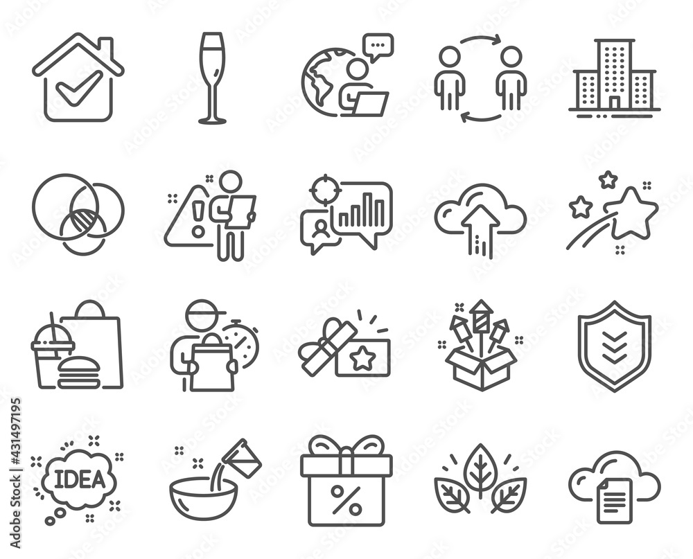 Fototapeta premium Business icons set. Included icon as Euler diagram, Seo statistics, File storage signs. Cloud upload, Shield, Fireworks rocket symbols. Cooking water, Champagne glass, Organic tested. Idea. Vector