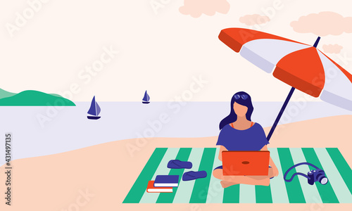 Woman Working On Laptop At The Beach. Digital Nomad Concept. Vector Illustration Flat Cartoon. Young Female Blogger Doing Freelance Work While Traveling.