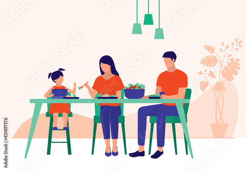 Little Girl Addicted To Her Tablet During Mealtime And Refuses To Eat. Screen time addiction Concept. Vector Flat Cartoon Illustration. Mother Encouraging Her Daughter To Eat Her Food.