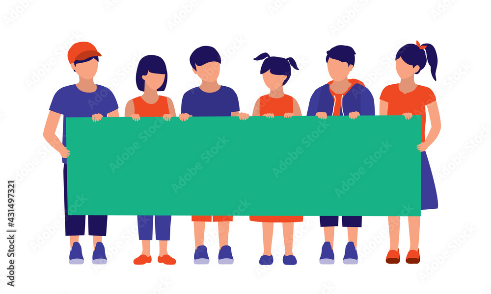 Obraz premium Group Of Young Children Holding A Blank Sign. Notice And Announcement Concept. Vector Flat Cartoon Illustration. Young Boys And Girls With Empty Placard.