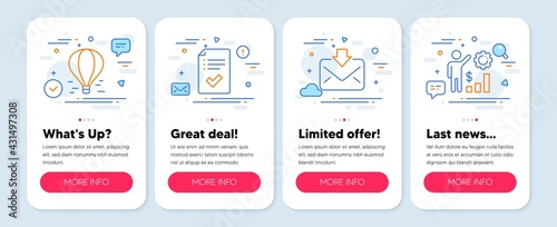 Set of Technology icons, such as Air balloon, Incoming mail, Approved checklist symbols. Mobile app mockup banners. Employees wealth line icons. Vector