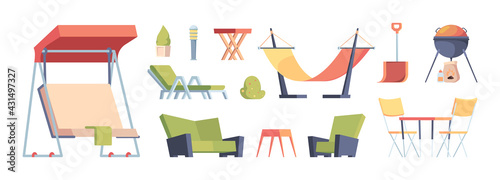 Outdoor decoration. Garden exterior furniture sitting sofa chairs table swing for bbq time relax lifestyle garish vector illustartions in flat style