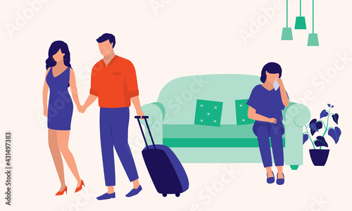 Husband Leaving His Wife With Another Woman. Infidelity. Sad Wife Crying. Full Length. Flat Design.
