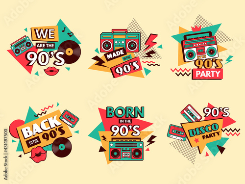 Retro 90s labels. Colored badges vintage old school style fashion elements musical boombox for pop music 80s abstract geometrical design forms recent vector set