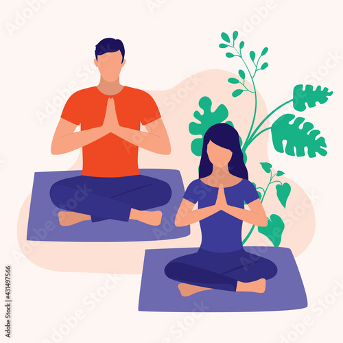 Couple Doing Yoga In Lotus Pose. Fitness Concept. Vector Illustration Flat Cartoon. Young Man And Woman Doing Yoga.