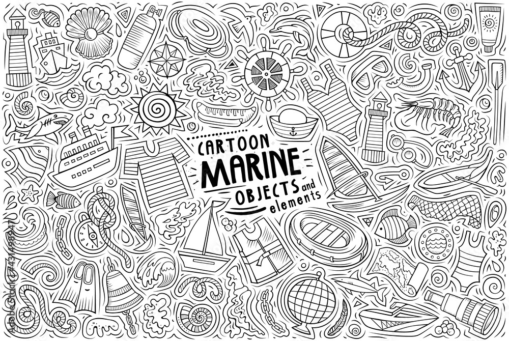 Vector doodle cartoon set of Marine theme items, objects and symbols