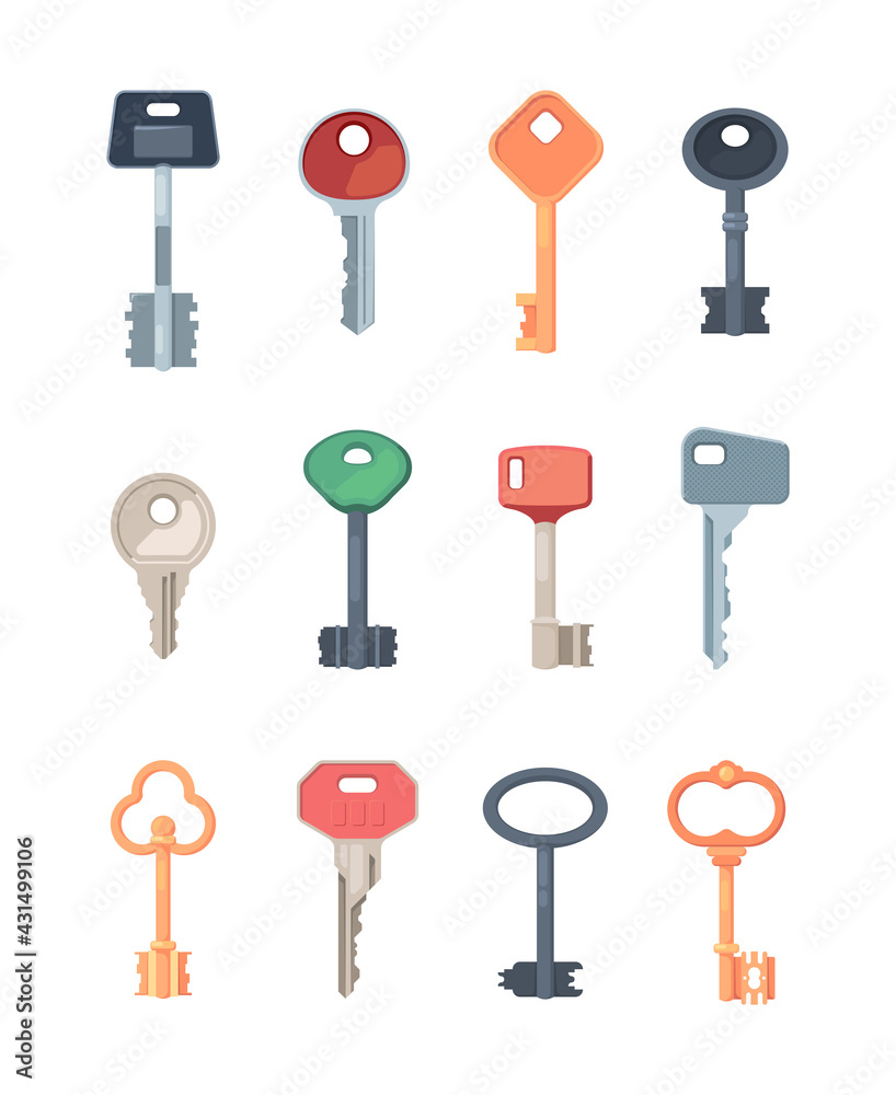 Keys set. Collection of safety locks steel keys modern and retro style security protection symbols garish vector illustrations Keys set. Collection of safety locks steel keys modern and retro style security protection symbols garish vector illustrations