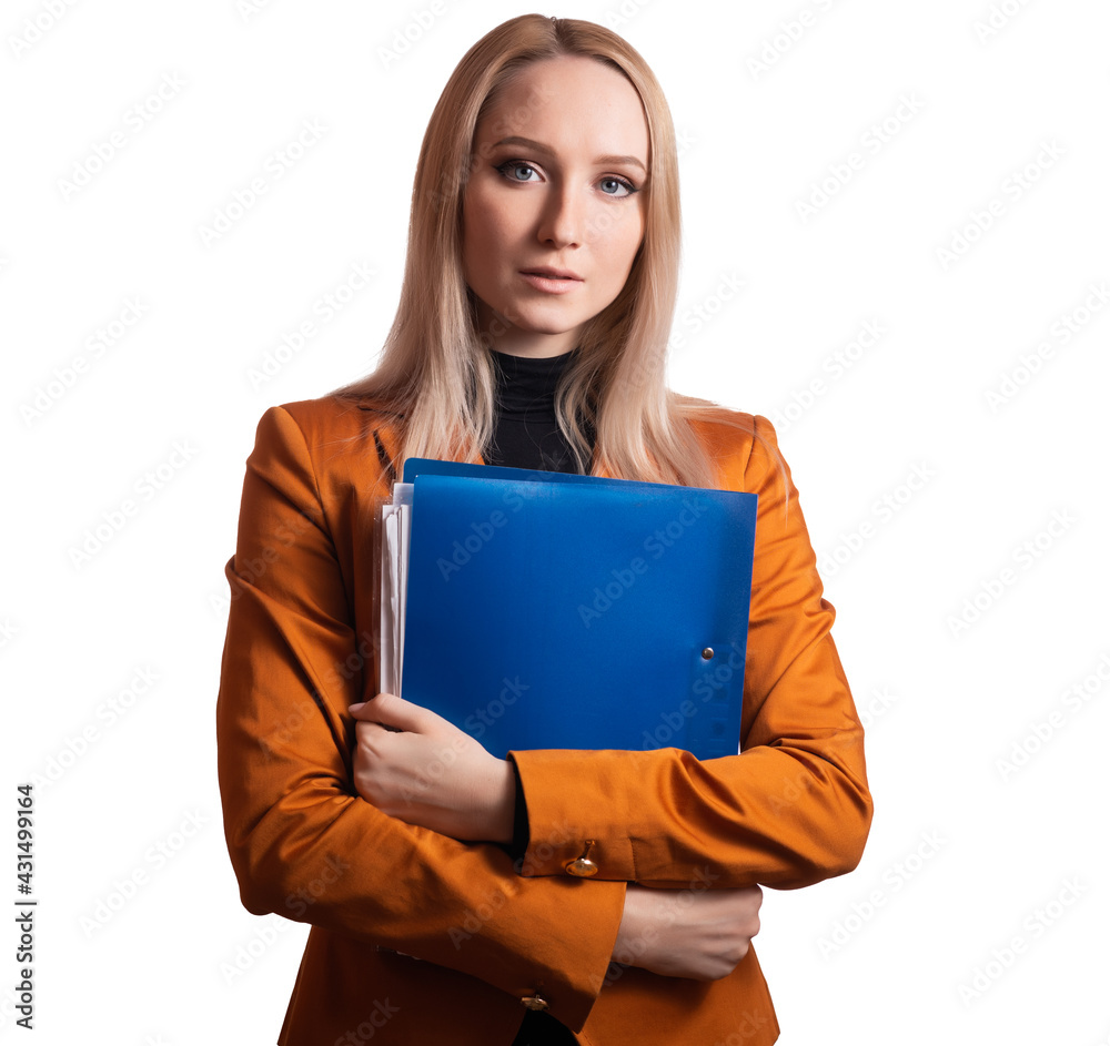 Business woman portrait with blue folder in hand on white background. Business woman portrait with blue folder in hand on white background.