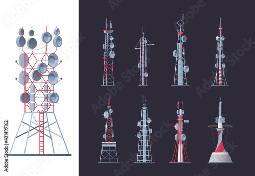 Wireless towers. Network communication buildings modern outdoor smart system garish vector towers pictures