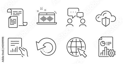 Report, Document and Recovery data line icons set. Music making, Internet and Cloud protection signs. People chatting, Documents symbols. Quality line icons. Report badge. Vector