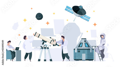 Planetarium characters. Scientific space research exploring universe planets in telescope garish vector flat concept background
