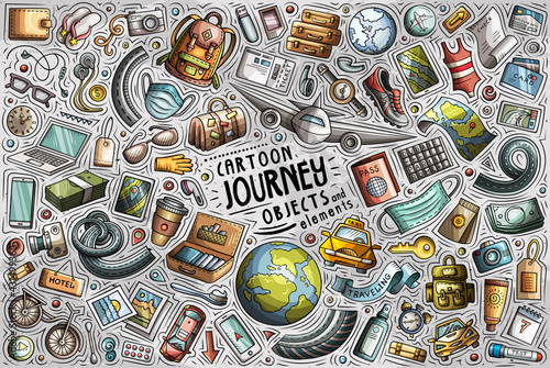 Vector doodle cartoon set of Travel 2021 theme objects and symbols