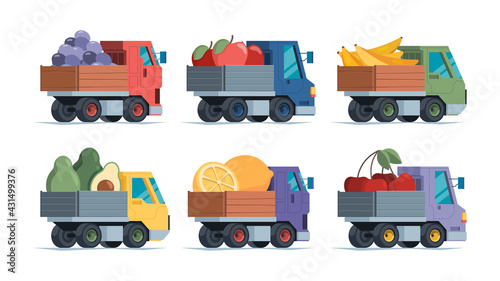Fruits delivery. Vans green natural products fruits and vegetables delivery to retail urban marketplaces garish vector flat vehicles collection