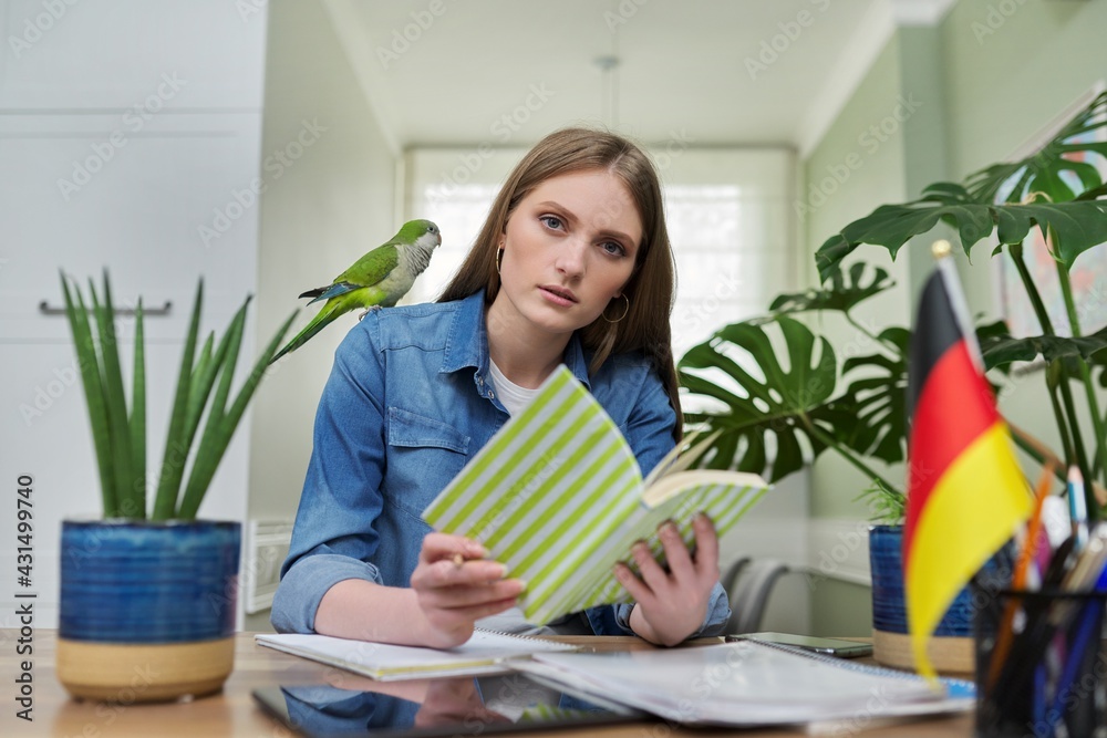 Female student looking talking to webcam, studying German online Female student looking talking to webcam, studying German online