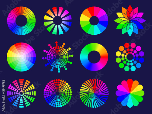 Rgb circles. Round abstract shapes selective colored spectrum waves frequency wheels rgb palletes recent vector stylized symbols