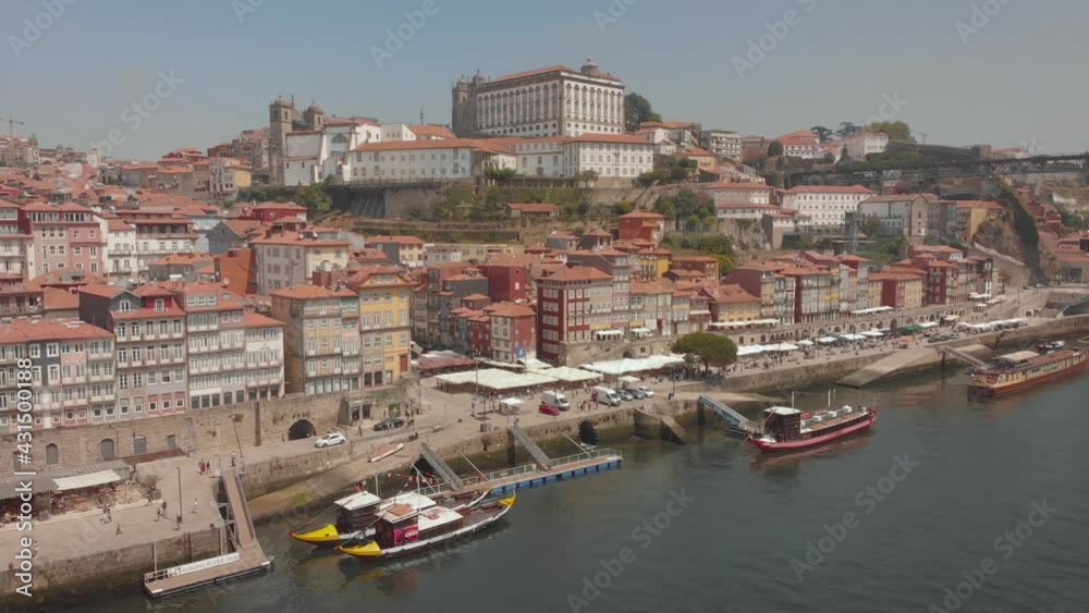 Ribeira Douro, Porto, Portugal. Aerial view of the famous Ribeira in Porto city. Shot with DJI Mavic Air. 4K video.
