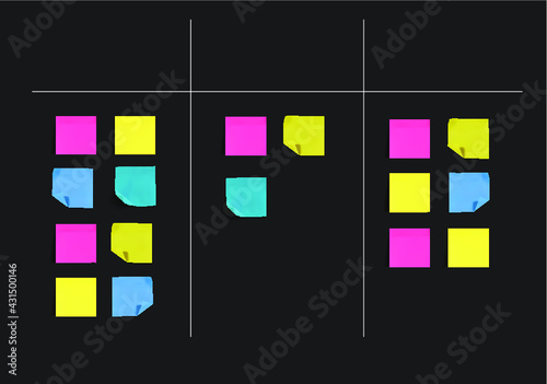 Vector blackboard with memo stickers, colorful blank papers, blank template.