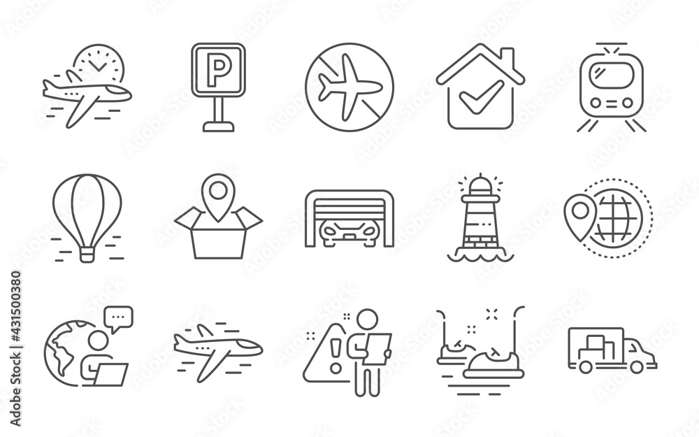 Parking, Package location and Air balloon line icons set. Flight time, Airplane and Bumper cars signs. Lighthouse, Train and Truck transport symbols. Line icons set. Vector Parking, Package location and Air balloon line icons set. Flight time, Airplane and Bumper cars signs. Lighthouse, Train and Truck transport symbols. Line icons set. Vector
