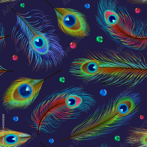 Feathers pattern. Peacock feathers seamless background for textile fashioned design projects decent vector pictures set