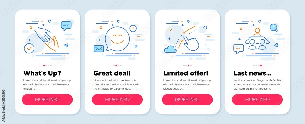 Set of People icons, such as Swipe up, Smile chat, Helping hand symbols. Mobile screen mockup banners. Interview job line icons. Touch down, Happy face, Give gesture. Consulting. Vector