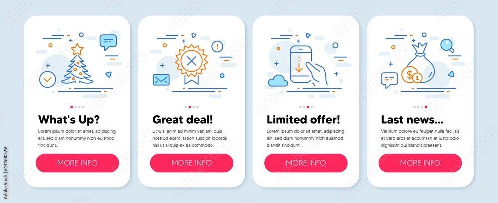 Set of Business icons, such as Christmas tree, Scroll down, Reject medal symbols. Mobile screen mockup banners. Cash line icons. Spruce, Swipe phone, Award rejection. Banking currency. Vector
