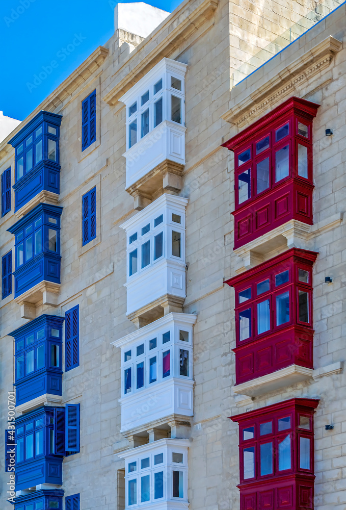 Fototapeta premium Types of balconies, specific to Malta, Valletta