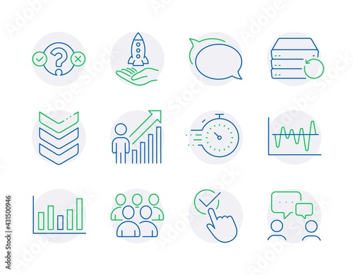 Education icons set. Included icon as Talk bubble, Employee result, Checkbox signs. Column chart, Timer, Crowdfunding symbols. Quiz test, Shoulder strap, Group. Recovery server line icons. Vector