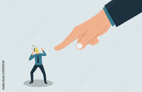 Vector illustration of a frightened man hiding his identity. A hand pointing at the impostor.