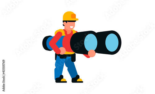 A worker holding a large binocular. Builder and Benchol. Smile, happy, spy, watching. Vector illustration isolated on white background