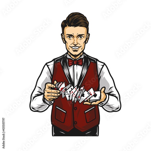 Smiling croupier shuffles cards colorful concept