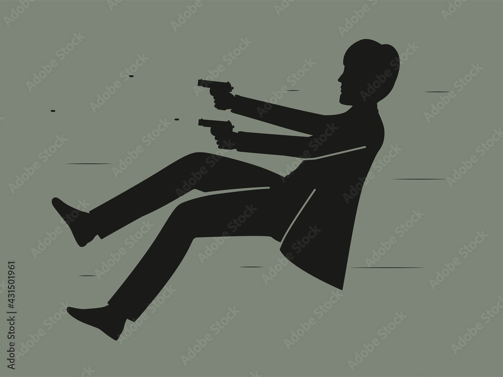 A man shoots with pistols. Vector illustration of a spy shooting a firearm.