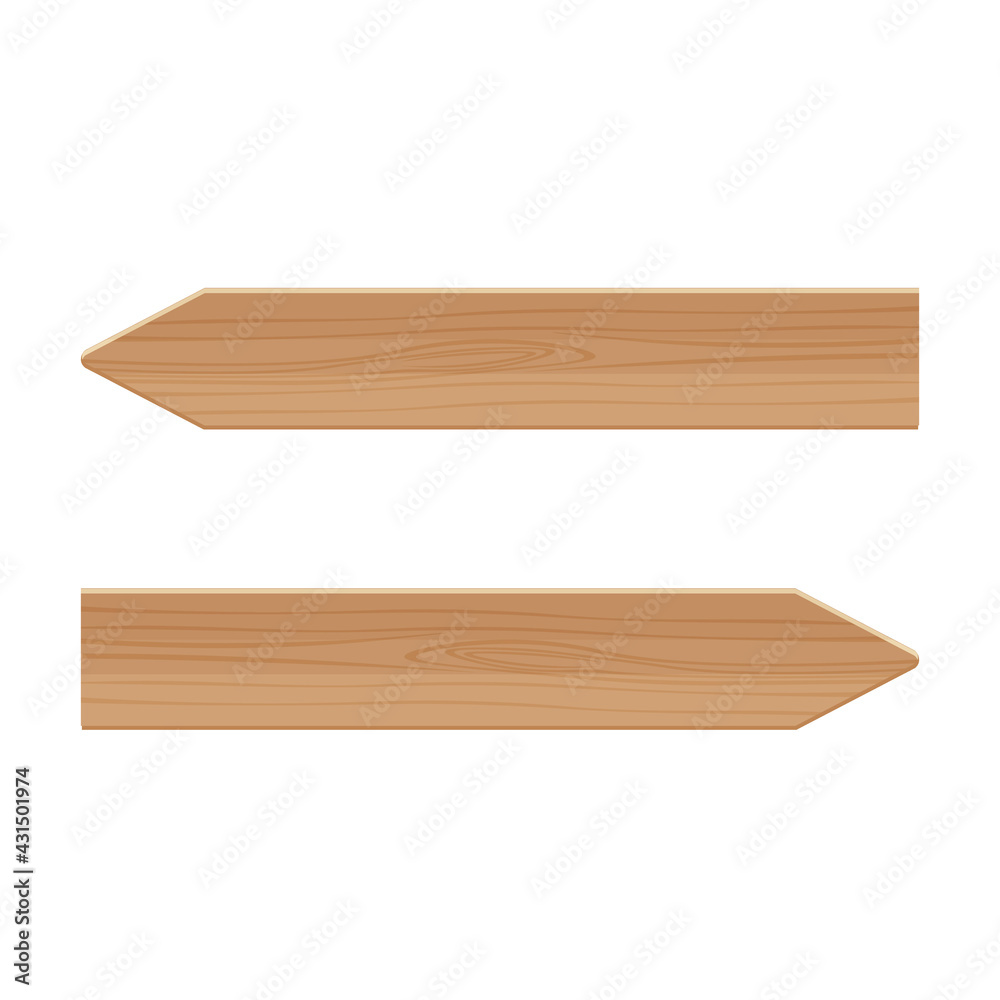 Two wooden arrows pointing in different directions to the left and to the right. Wooden pointers vector illustration isolated on white background.