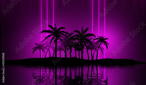 Beach party empty scene background. Tropical palms against the background of neon glow, reflection on the water, laser show. 3d illustration © Laura Сrazy