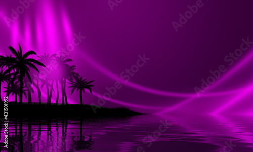 Beach party empty scene background. Tropical palms against the background of neon glow, reflection on the water, laser show. 3d illustration © Laura Сrazy