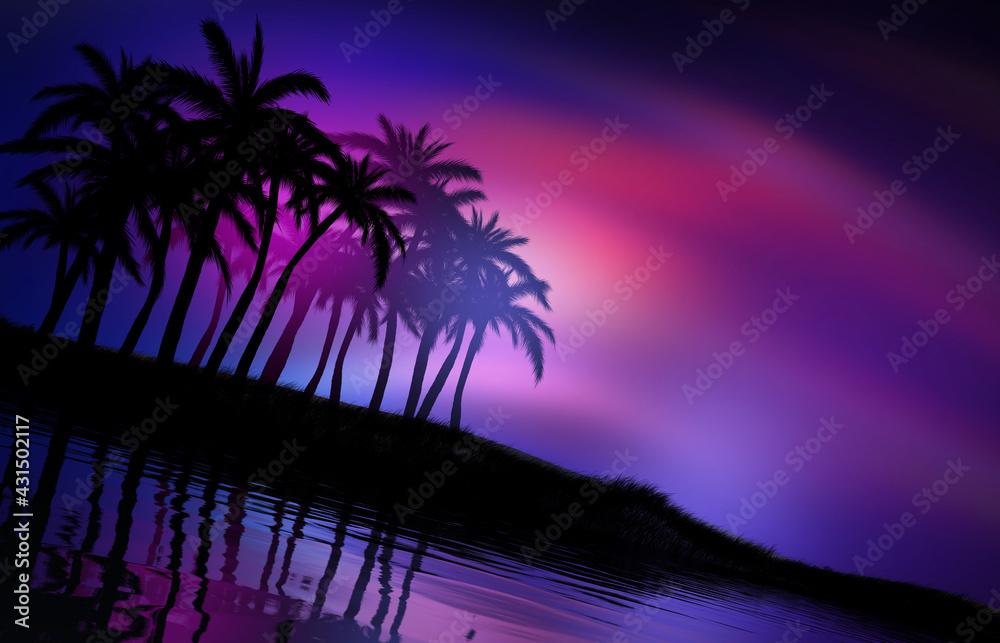 Beach party empty scene background. Tropical palms against the background of neon glow, reflection on the water, laser show. 3d illustration