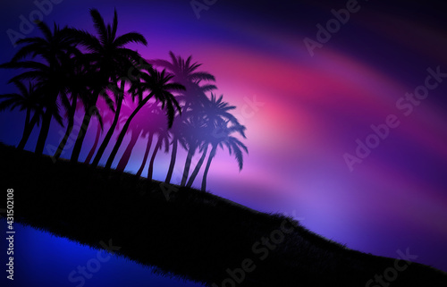 Beach party empty scene background. Tropical palms against the background of neon glow, reflection on the water, laser show. 3d illustration