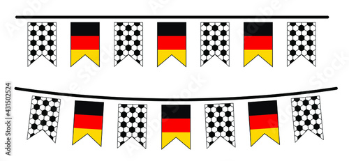 Bright party bunting flag with the flag of the Germany. Football net pattern. Soccer ball party buntings flags. Funny vector sport icon. World sport finale or school game cup. Deutschland, German sign
