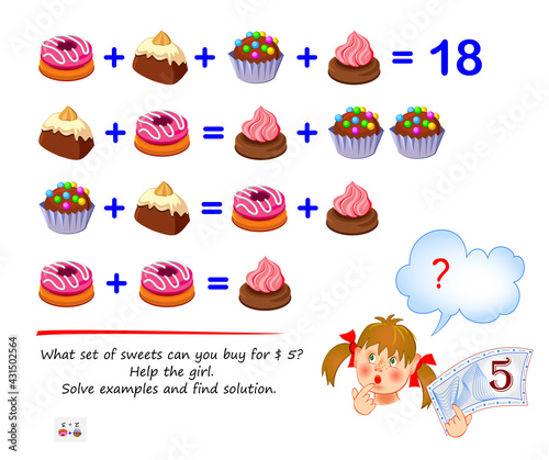 Mathematical logic puzzle game for smartest. What set of sweets can you buy for $ 5? Help the girl. Solve examples and find solution. Brain teaser book. Play online. Memory training for seniors.