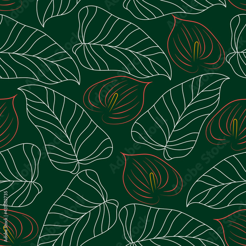 Floral seamless pattern with red anthurium (calla lily) and leaves. Vector pattern with flowers.