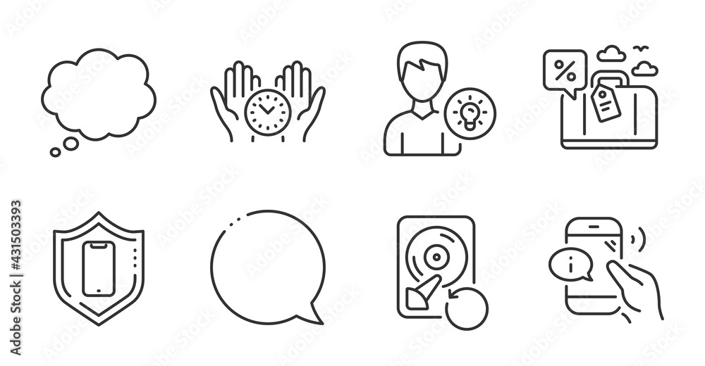 Obraz premium Safe time, Person idea and Travel loan line icons set. Call center, Comic message and Smartphone protection signs. Recovery hdd, Speech bubble symbols. Management, Lamp energy, Trip discount. Vector