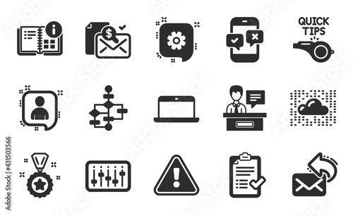 Cloud system, Accounting report and Winner reward icons simple set. Tutorials, Cogwheel and Developers chat signs. Exhibitors, Instruction info and Share mail symbols. Flat icons set. Vector
