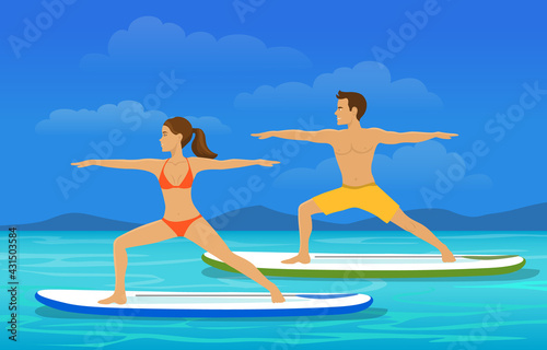 Woman and man doing stand up paddling yoga on water vector illustration