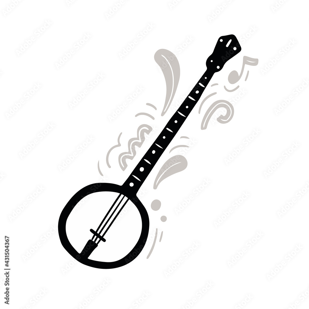 Monochrome vector illustration of black and white traditional banjo hand drawn with minimalist flat style amidst creative abstract ornaments and notes playing energetic music Monochrome vector illustration of black and white traditional banjo hand drawn with minimalist flat style amidst creative abstract ornaments and notes playing energetic music