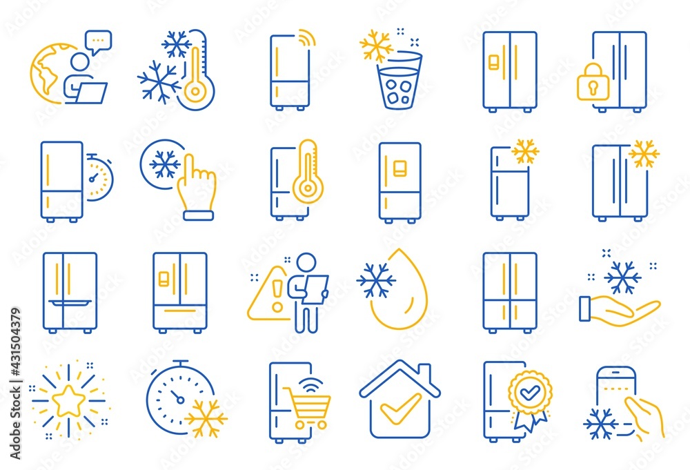 Fridge line icons. Refrigerator, freezer storage, smart fridge machine. Water with ice, cooler box, thermometer icons. Wi-fi remote access, thermostat timer, smart freezer. Line icon set. Vector Fridge line icons. Refrigerator, freezer storage, smart fridge machine. Water with ice, cooler box, thermometer icons. Wi-fi remote access, thermostat timer, smart freezer. Line icon set. Vector