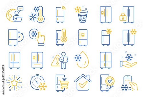 Fridge line icons. Refrigerator, freezer storage, smart fridge machine. Water with ice, cooler box, thermometer icons. Wi-fi remote access, thermostat timer, smart freezer. Line icon set. Vector
