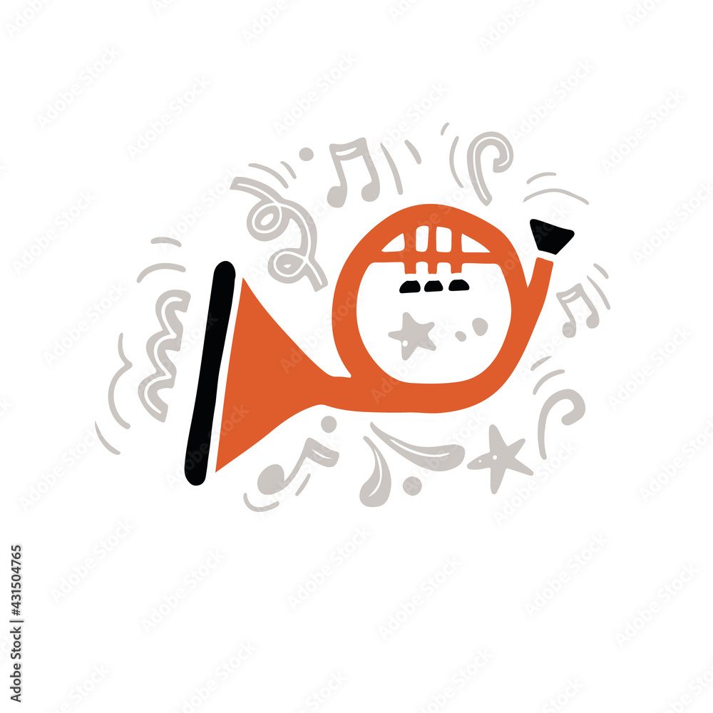 Vector illustration of minimalist classic brass instrument called horn hand drawn in flat style with orange and black colors playing music amidst abstract gray notes and ornaments Vector illustration of minimalist classic brass instrument called horn hand drawn in flat style with orange and black colors playing music amidst abstract gray notes and ornaments